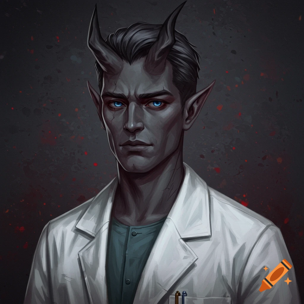 A portrait of a dark-skinned fantasy character with horns, blue eyes, and pointed ears wearing a white lab coat.