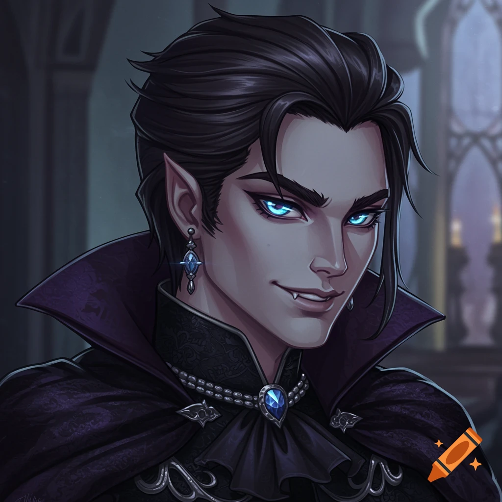 A gothic vampire character with glowing blue eyes, fangs, and a dark cape.