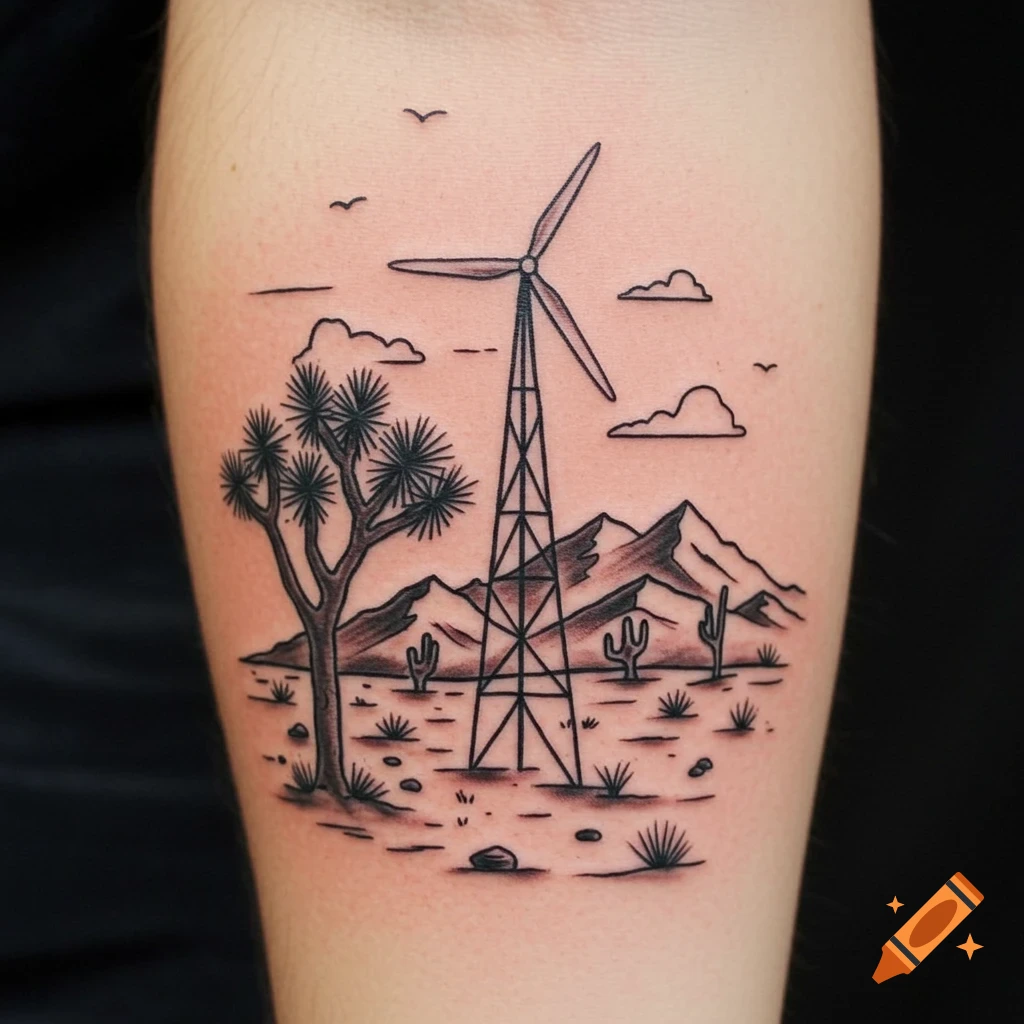 Black line art tattoo of a desert scene with windmill, Joshua tree, mountains, and cactuses.