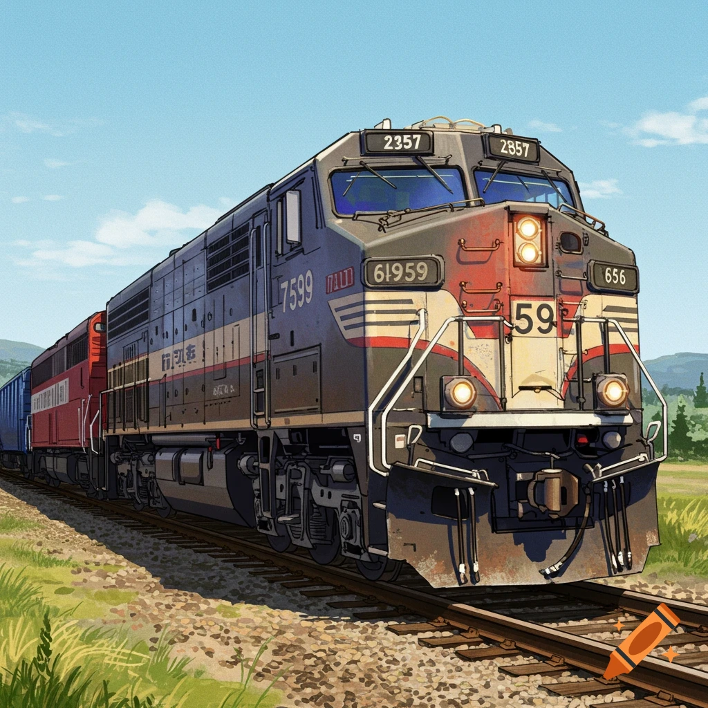 An F59 locomotive train travels through a grassy landscape under a blue sky.