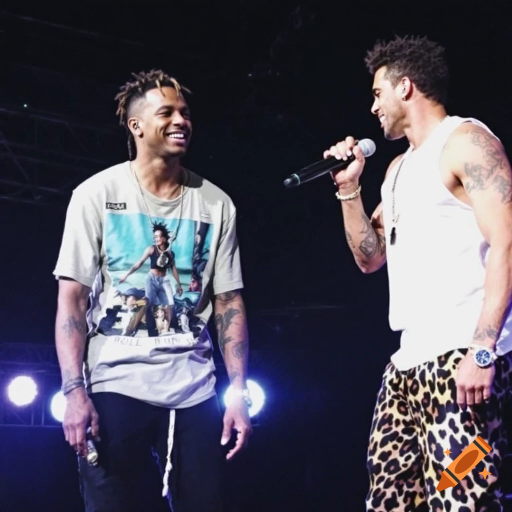 Two musicians performing on stage, one in a graphic t-shirt, the other in a tank top and leopard print pants.