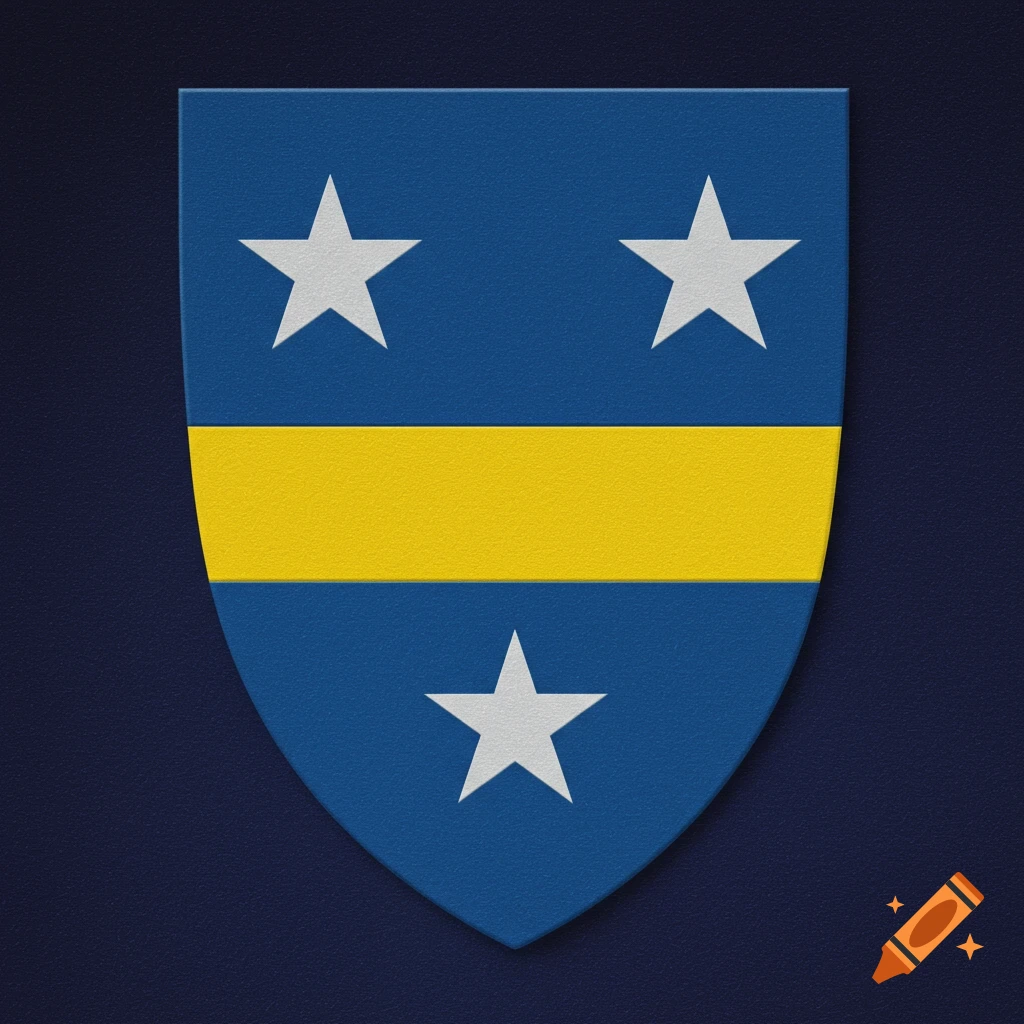A blue shield with a horizontal yellow stripe across the middle and three white stars, two above the stripe and one below.