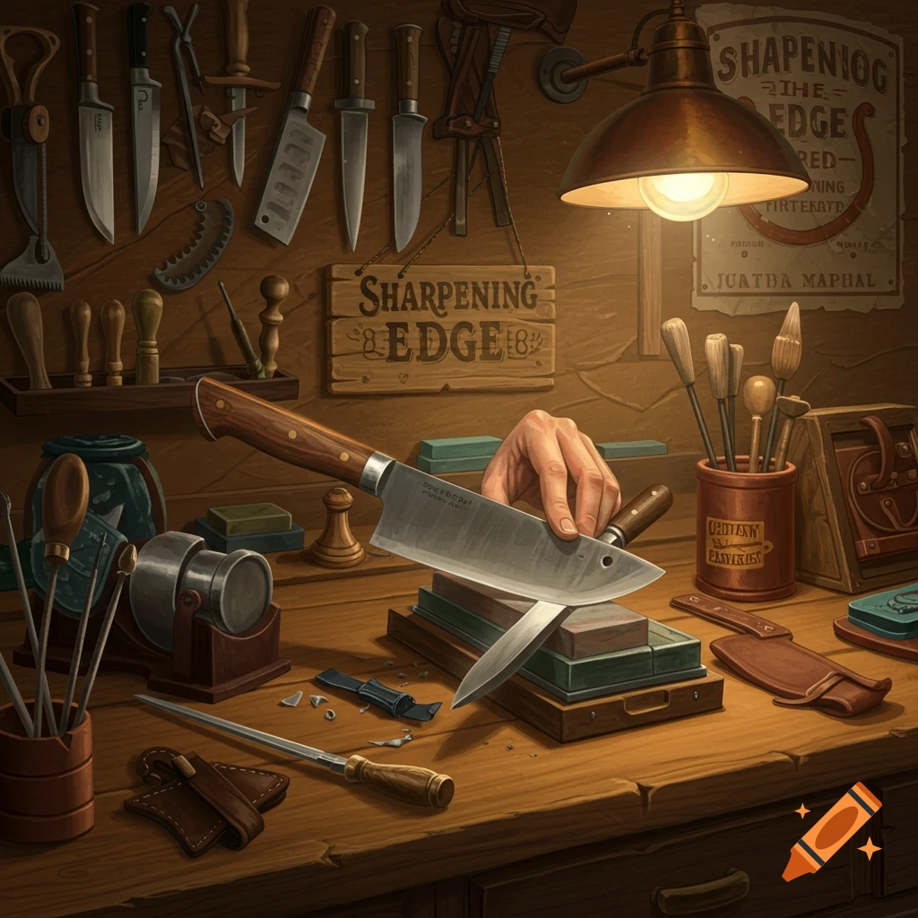 A knife sharpening workshop with various tools, a hand sharpening a knife on a stone, and signs on the wall.
