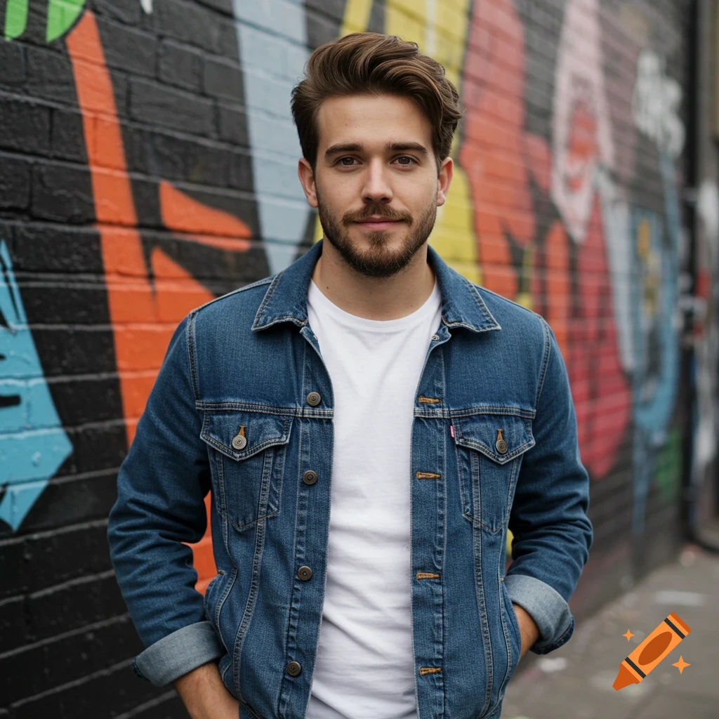 A portrait photo of a man wearing a white t-shirt and denim jacket standing in front of a colorful graffiti wall.