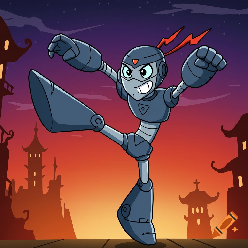 A cartoon robot ninja in a dynamic pose against a stylized Asian landscape at night.