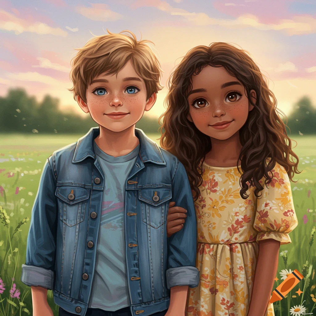 A boy and girl standing together in a sunlit meadow at sunset.