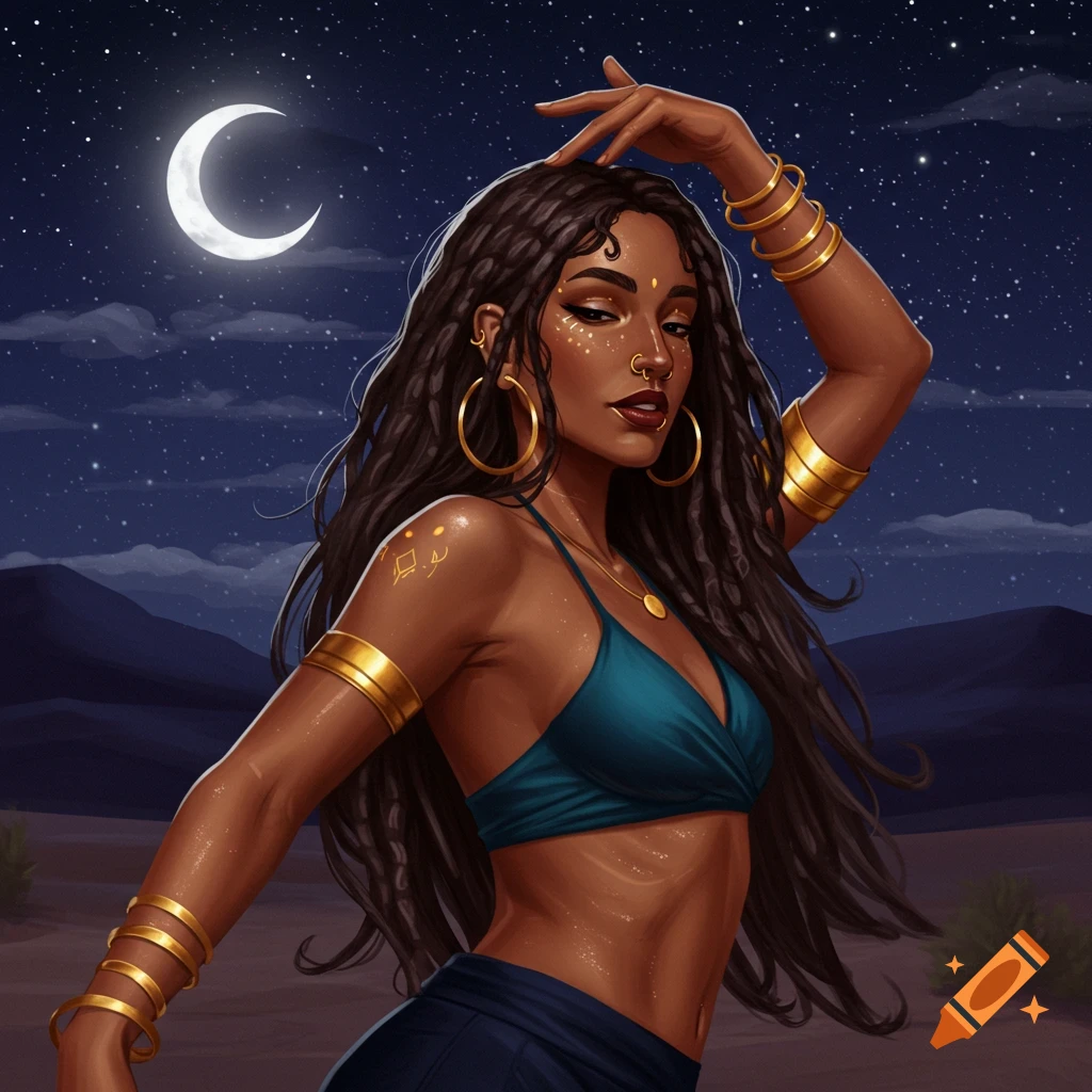A woman dances in a desert under a crescent moon and starry sky.