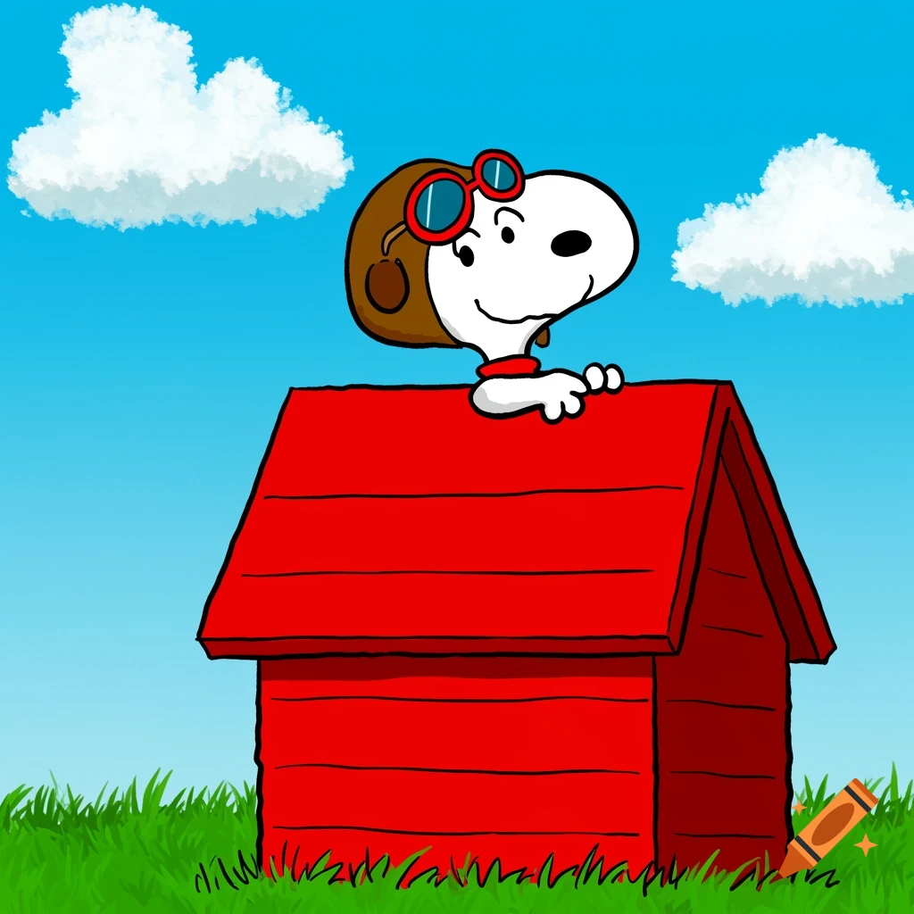 Cartoon illustration of Snoopy wearing goggles and scarf, sitting on top of his red doghouse under a blue sky with clouds.