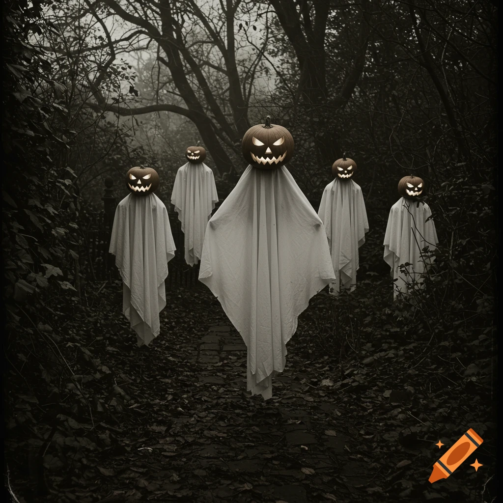 Sheet ghosts with glowing jack-o'-lantern heads walk on a foggy forest path, in the style of a creepy victorian photo.