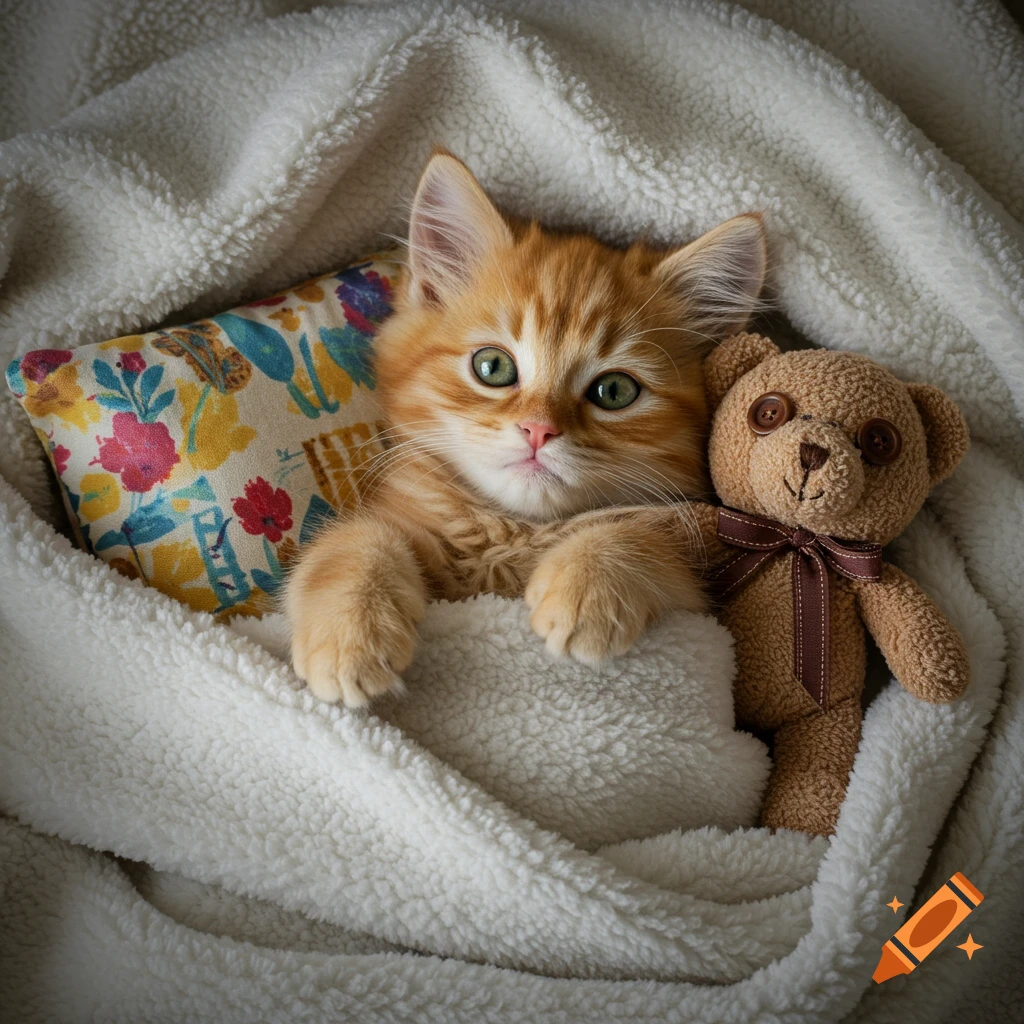 A fluffy orange kitten is wrapped in a white blanket with a floral pillow and a teddy bear.