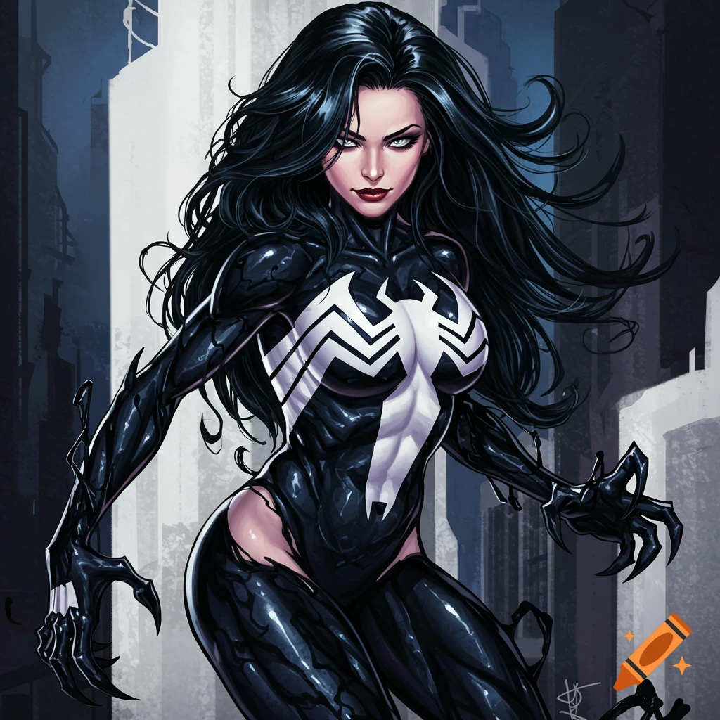 She-Venom stands in a city.