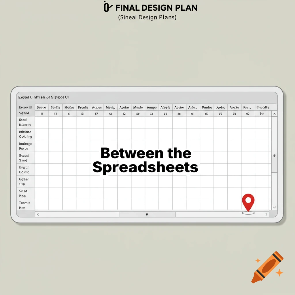 Stylized image of an Excel spreadsheet with the title 'FINAL DESIGN PLAN' and the text 'Between the Spreadsheets' centered on the grid.