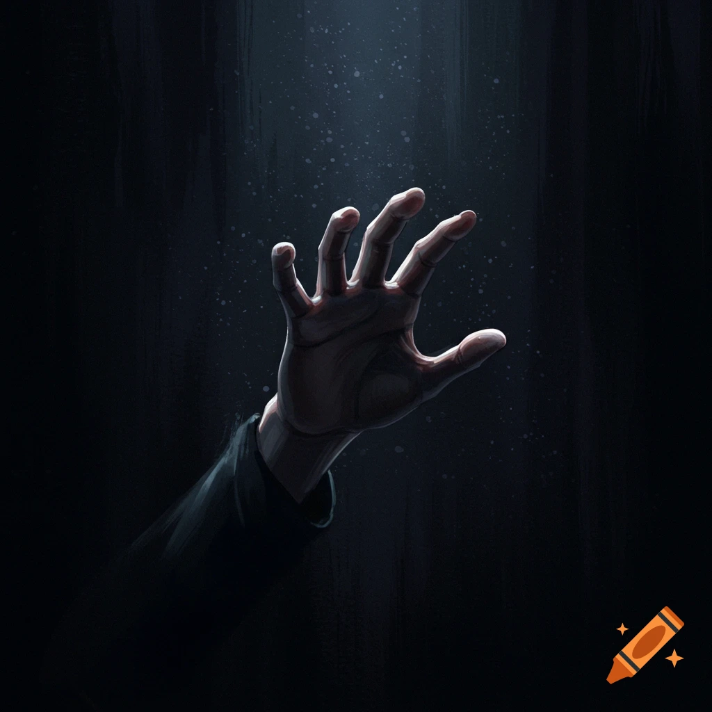 A hand reaching into light in darkness.
