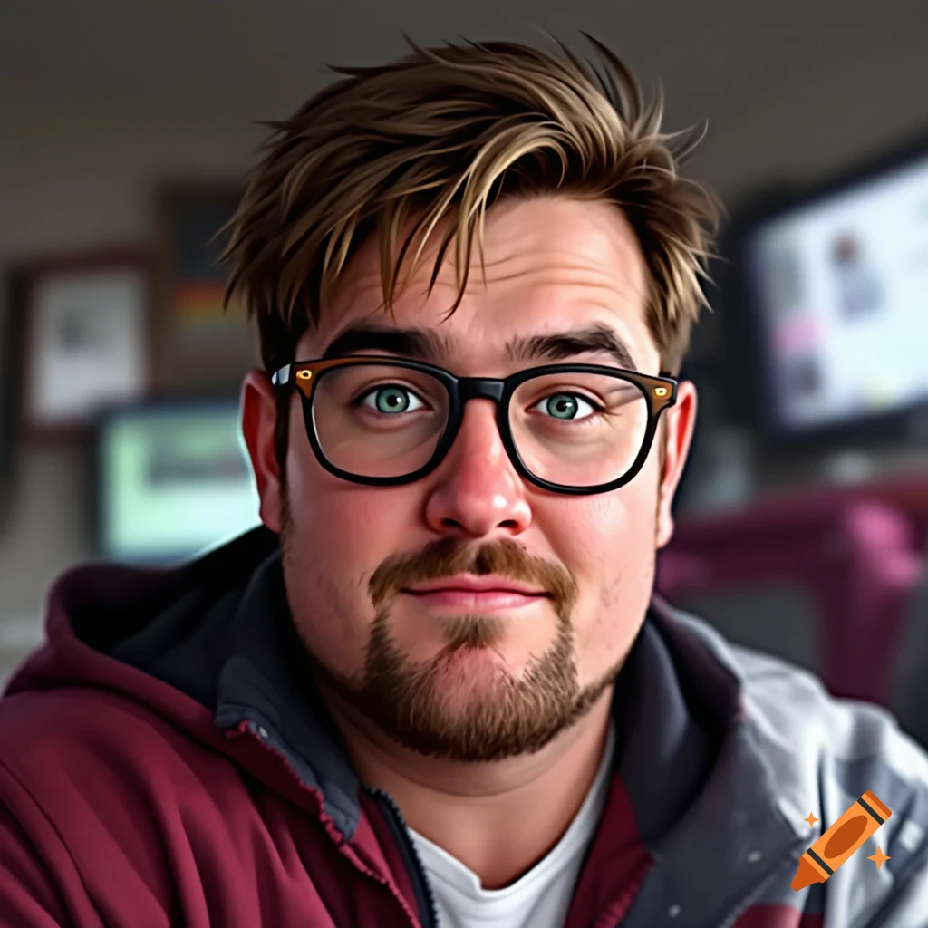 Stylized portrait of a man with glasses and a goatee smiling.