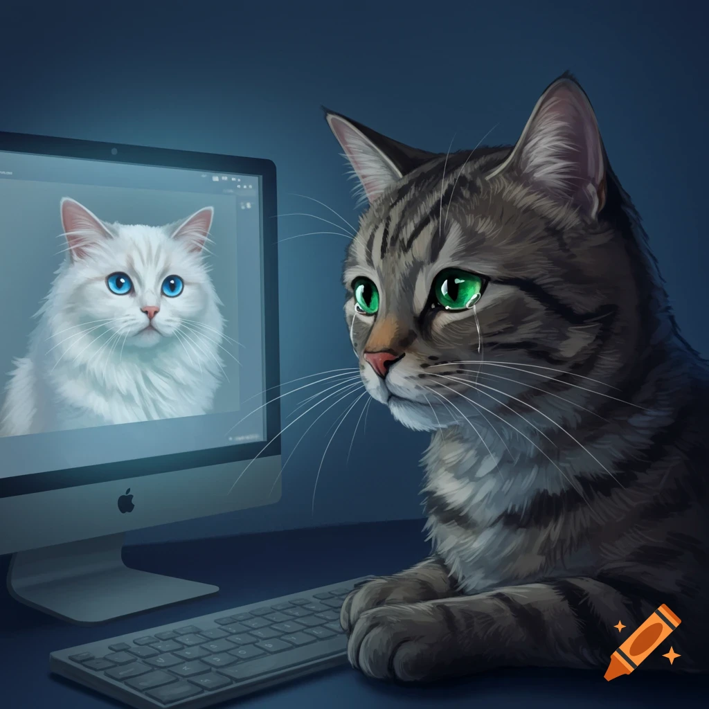 A crying tabby cat looks at a computer screen displaying a fluffy white cat.