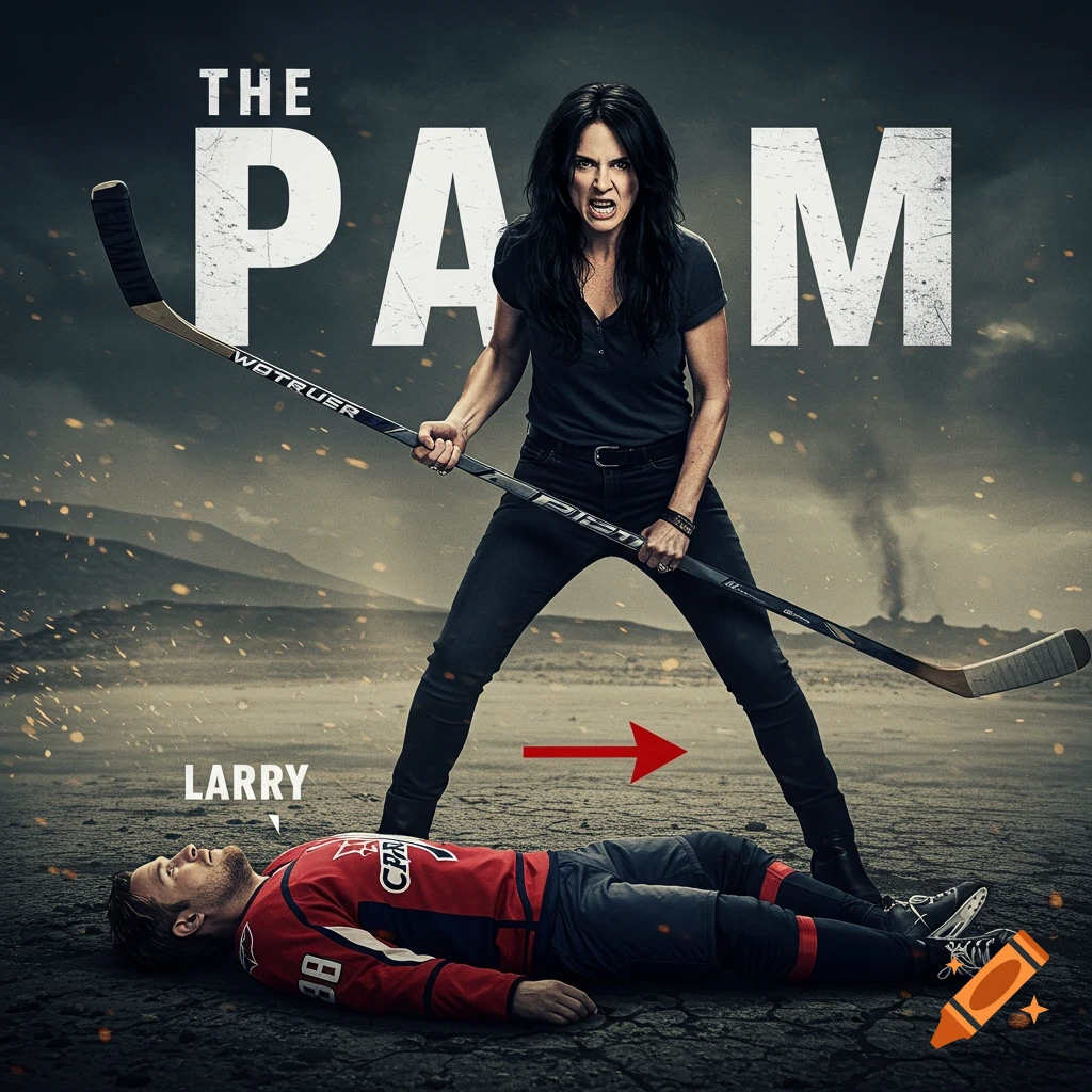 Movie poster with 'The Pam' title. A woman stands over a man on the ground with a hockey stick.
