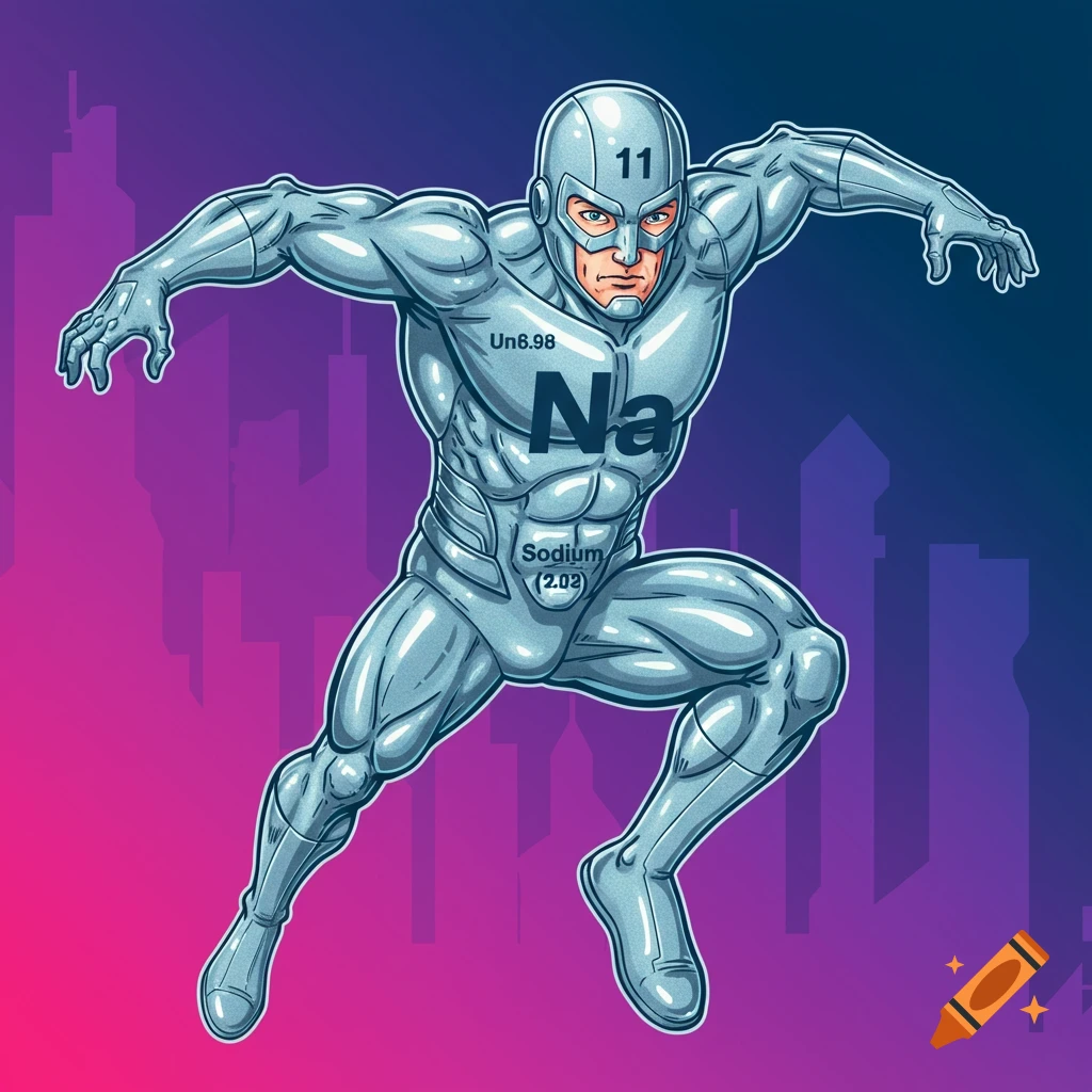 A superhero in a silver suit with 'Na' on his chest, leaping before a city skyline.