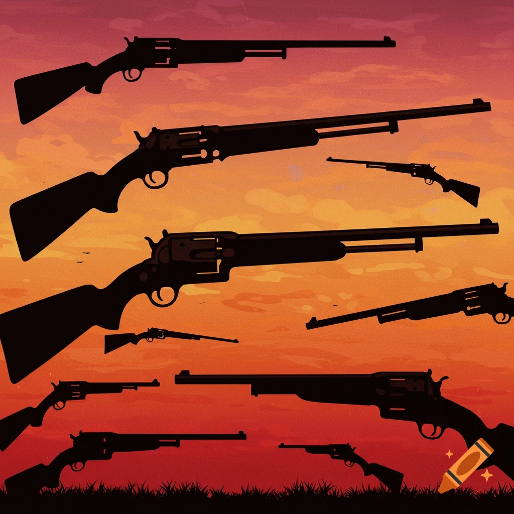 Silhouettes of various long guns against a sunset background.