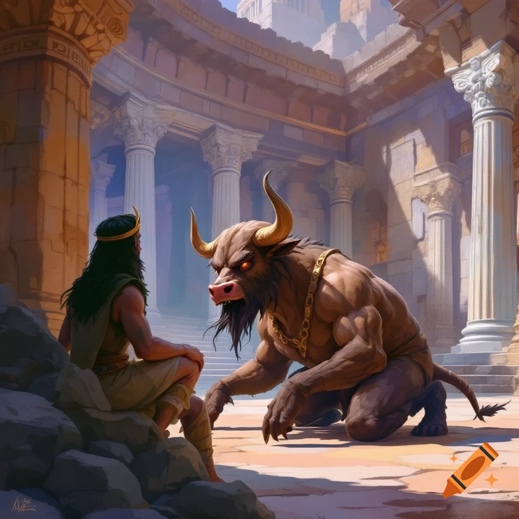A man sitting on rocks facing a minotaur in a ruined ancient building with columns.