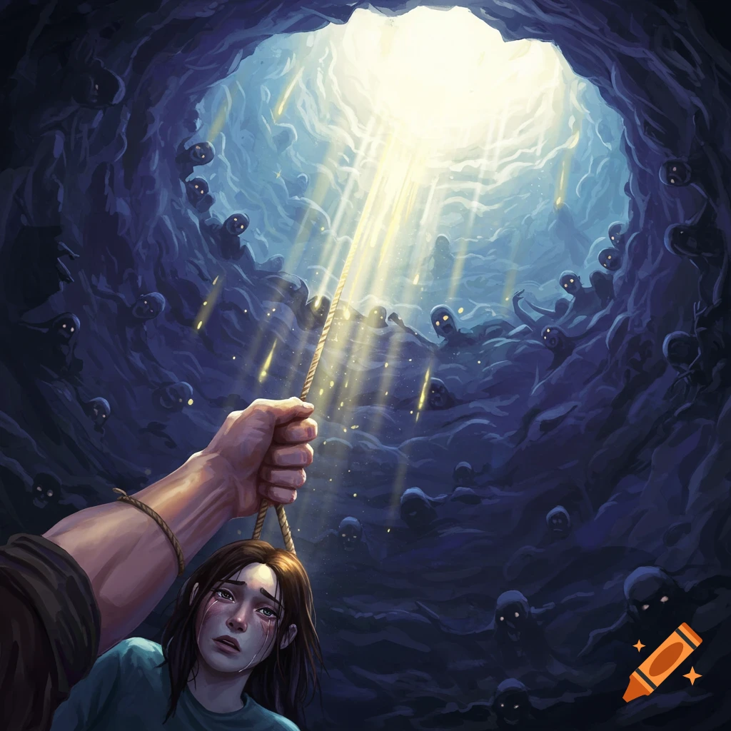 A hand pulls a crying person from a dark pit filled with shadowy figures reaching up towards light.