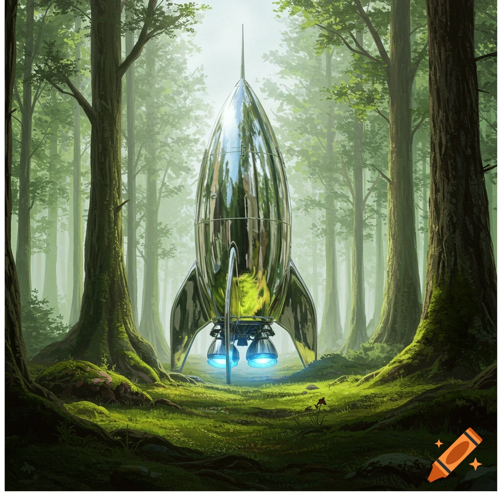 A chrome rocket ship sits in a lush green forest.