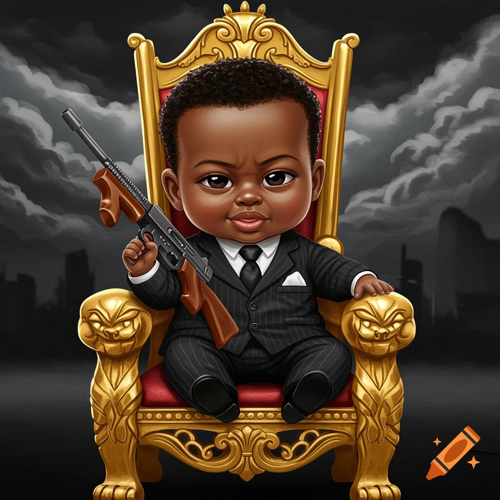 Cartoon of a baby in a pinstripe suit sitting on a golden throne holding a toy gun