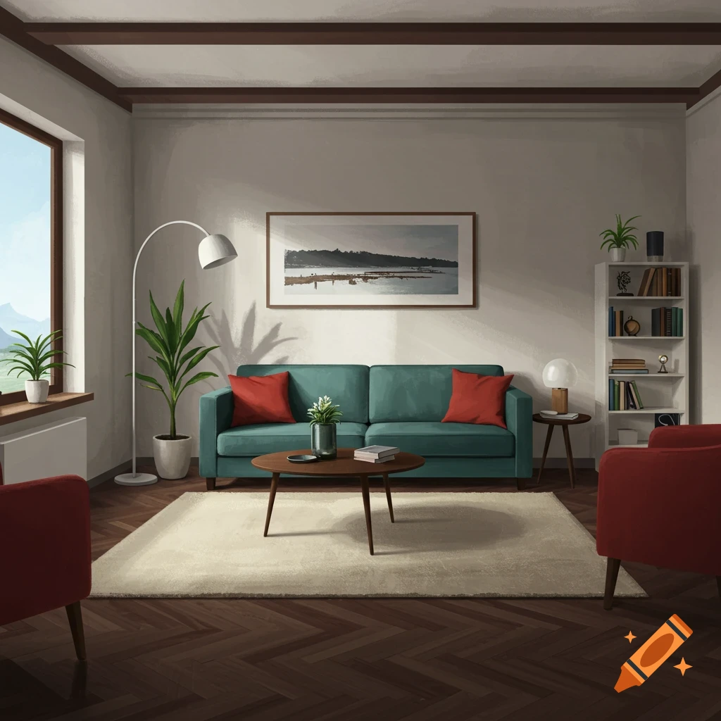 A modern living room with a teal sofa, red armchairs, and a large window.