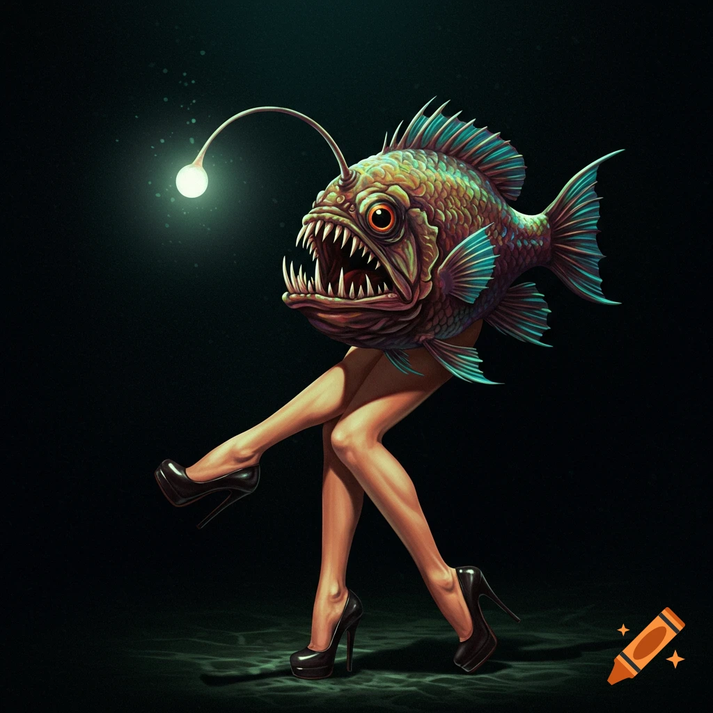Surreal image of an angler fish with human legs wearing high heels