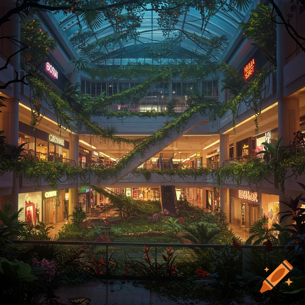 An abandoned shopping mall interior heavily overgrown with lush jungle plants.