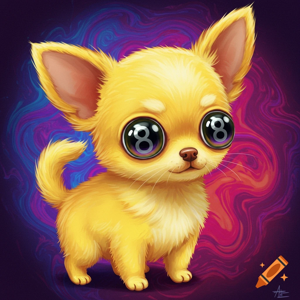 A cute yellow chihuahua puppy with large, reflective eyes resembling 8-balls, against a swirling purple and pink background.