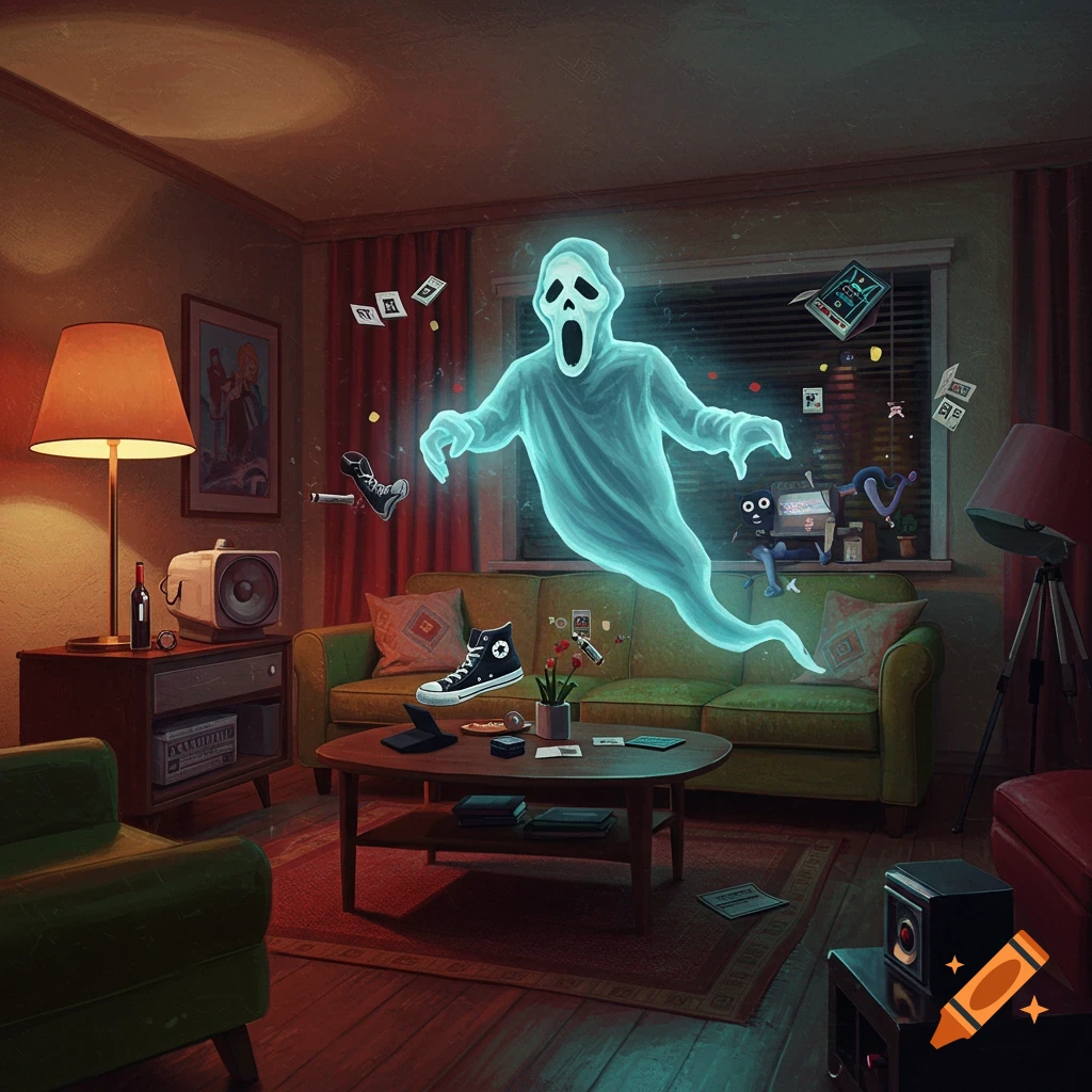 A glowing blue ghost hovers in a retro living room with objects floating around it.