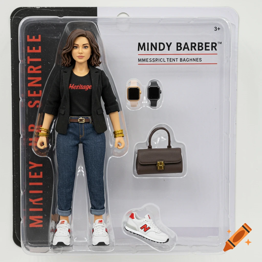 An action figure of a woman with dark hair, wearing a black blazer and jeans, displayed in clear plastic packaging with accessories.