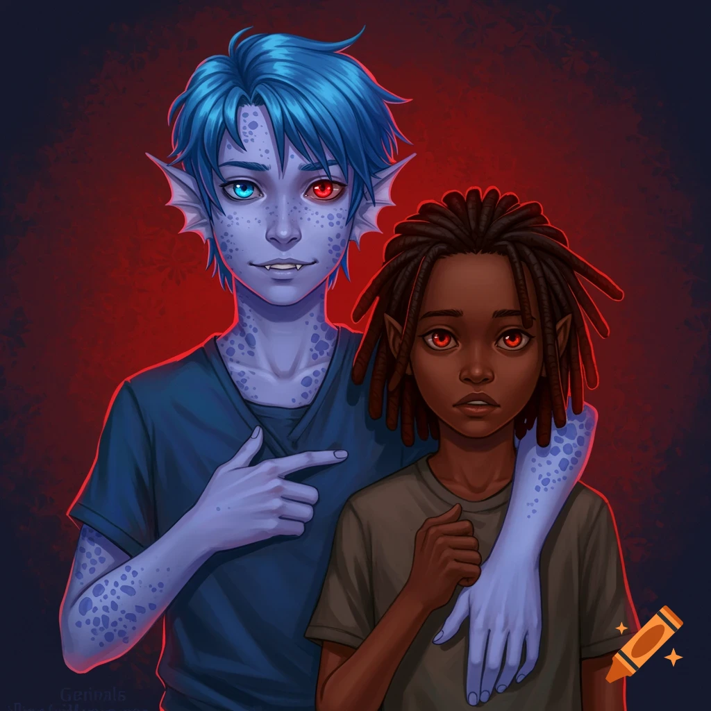 A blue-haired, scaly boy with mixed eyes stands behind a shorter boy with dreadlocks.