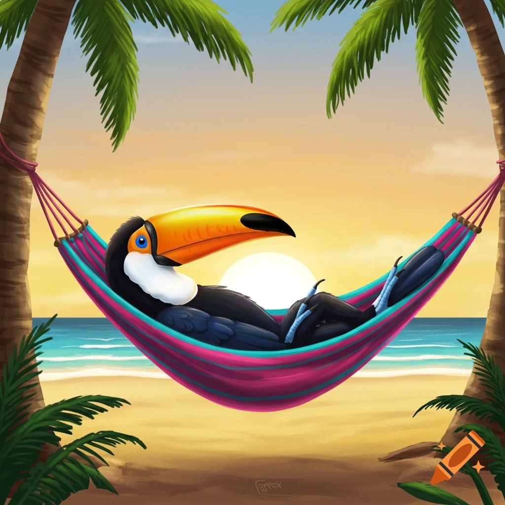 A cartoon toucan relaxing in a striped hammock between two palm trees on a beach at sunset.