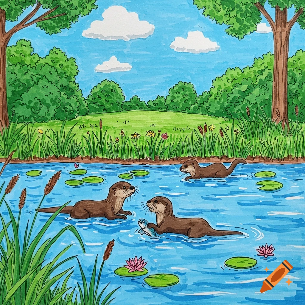 Hand-drawn illustration of river otters swimming in a river with lily pads, surrounded by trees and grass.