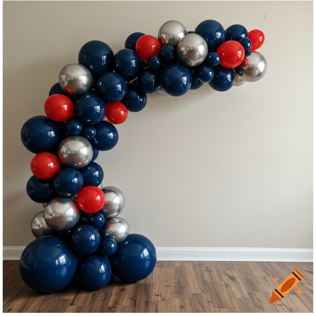 Navy, silver, and red balloon garland arch.