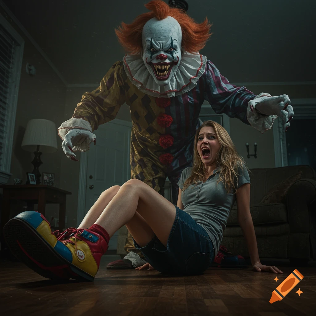 Photorealistic horror image of a scary clown looming over a screaming woman wearing an oversized clown shoe.