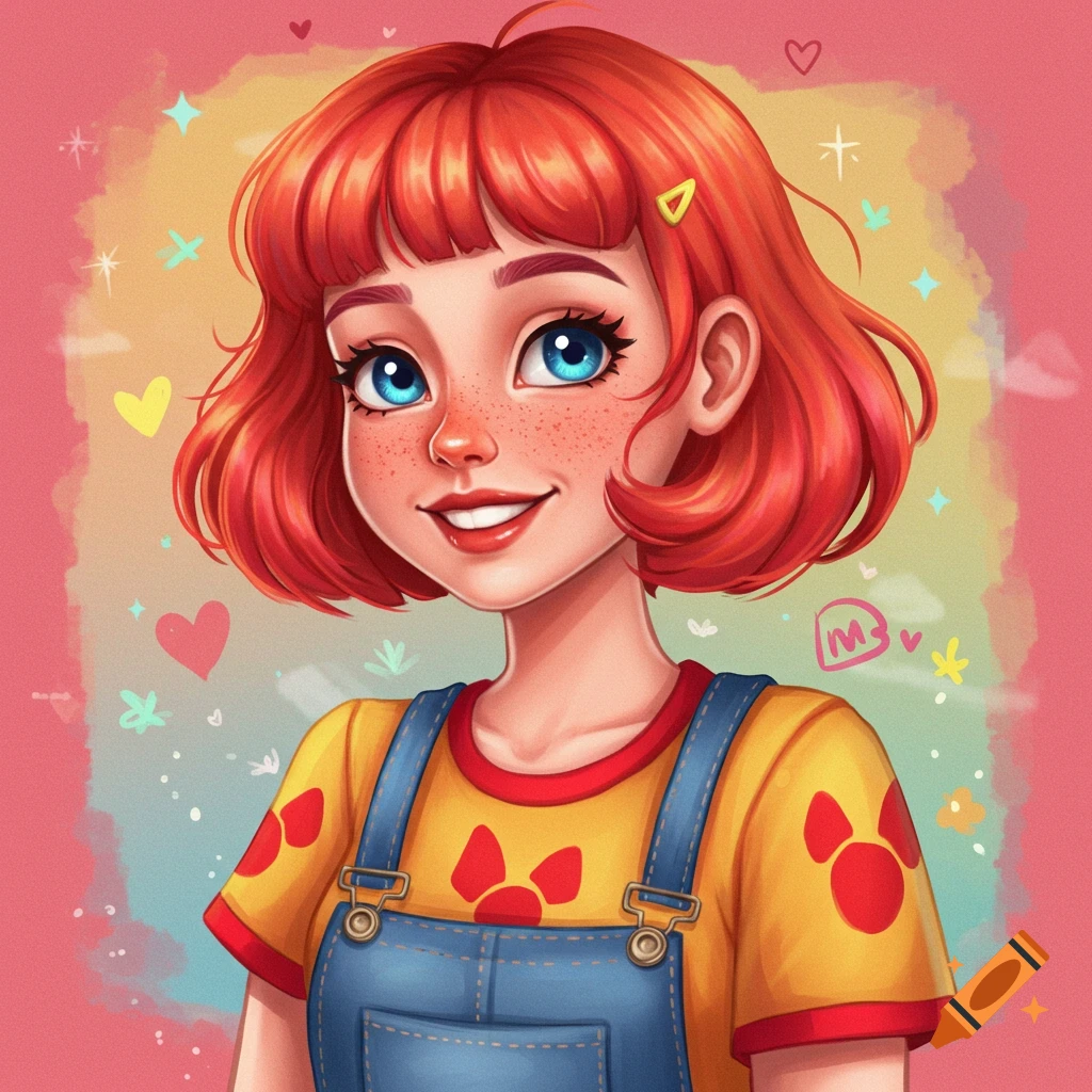 A cheerful cartoon girl with red hair and blue eyes is wearing overalls and a yellow shirt with red paw prints.