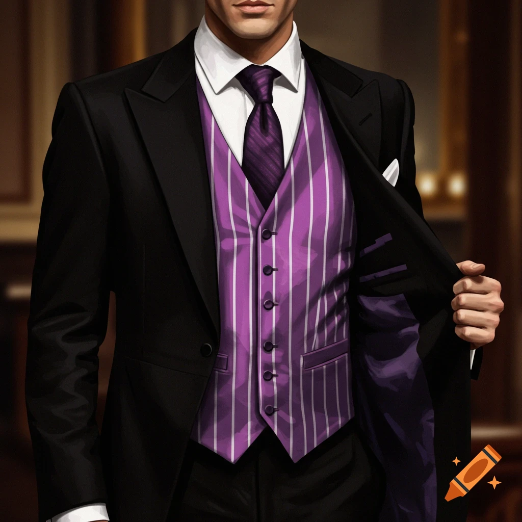 A man in a black suit, purple striped vest, and purple tie.