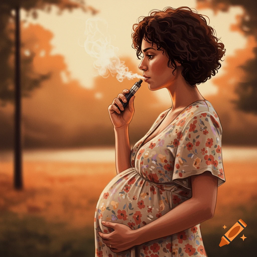 A pregnant woman smoking a vape outdoors.