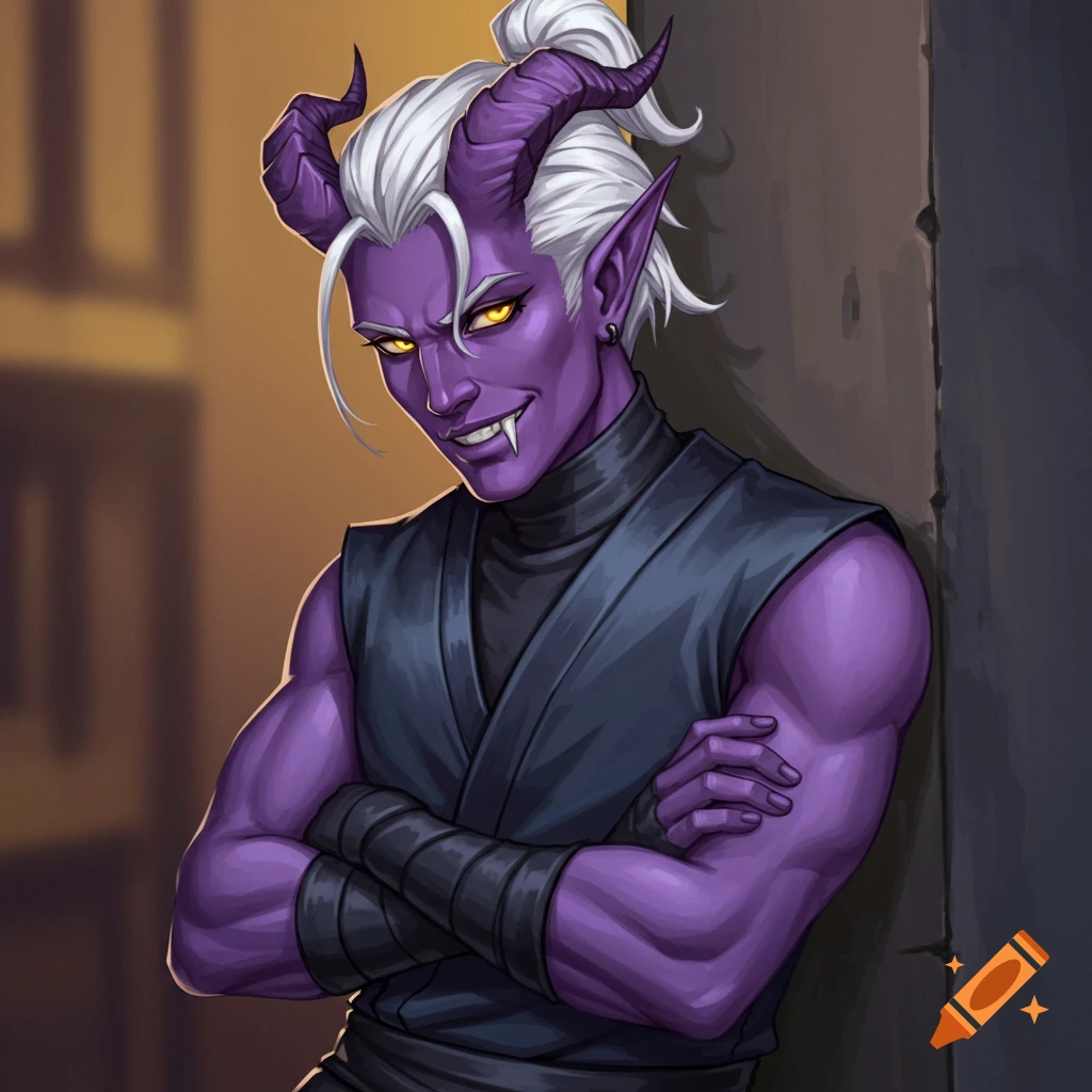 A purple-skinned tiefling man with white hair, horns, yellow eyes, and fangs, wearing dark martial arts clothes. He leans against a wall with crossed arms and smirks.