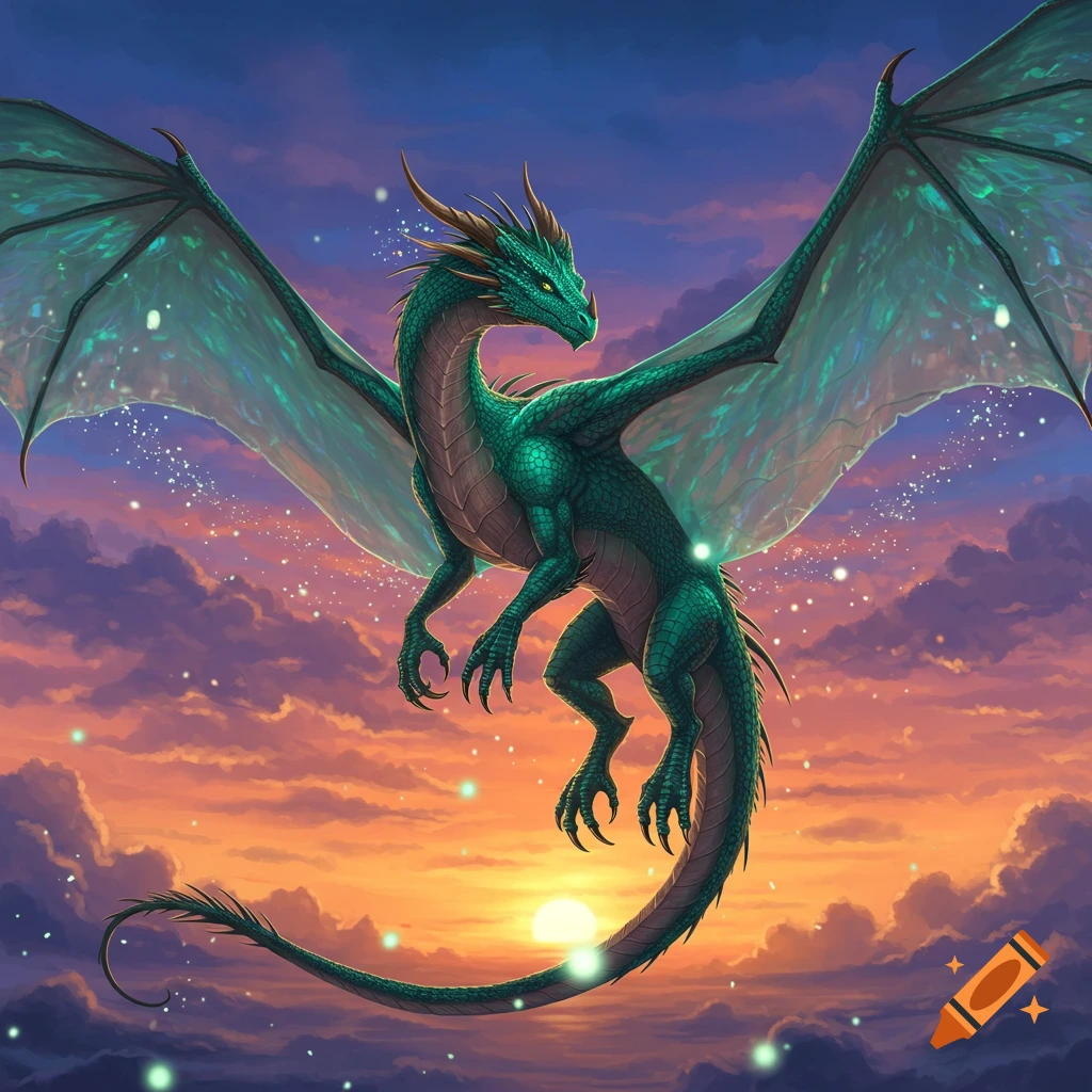 A green dragon flying through clouds at sunset.