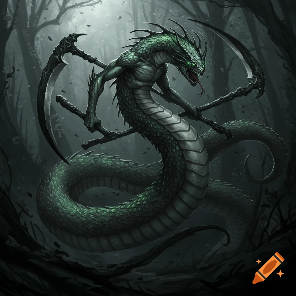 A dark green snake-like creature with skeletal arms holds scythes in a dark forest.