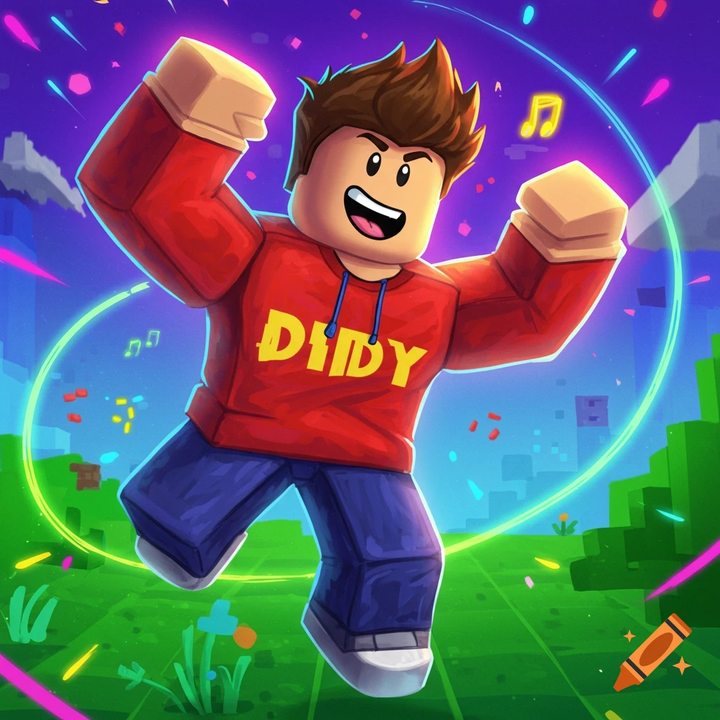 Roblox character jumping excitedly in a blocky landscape.