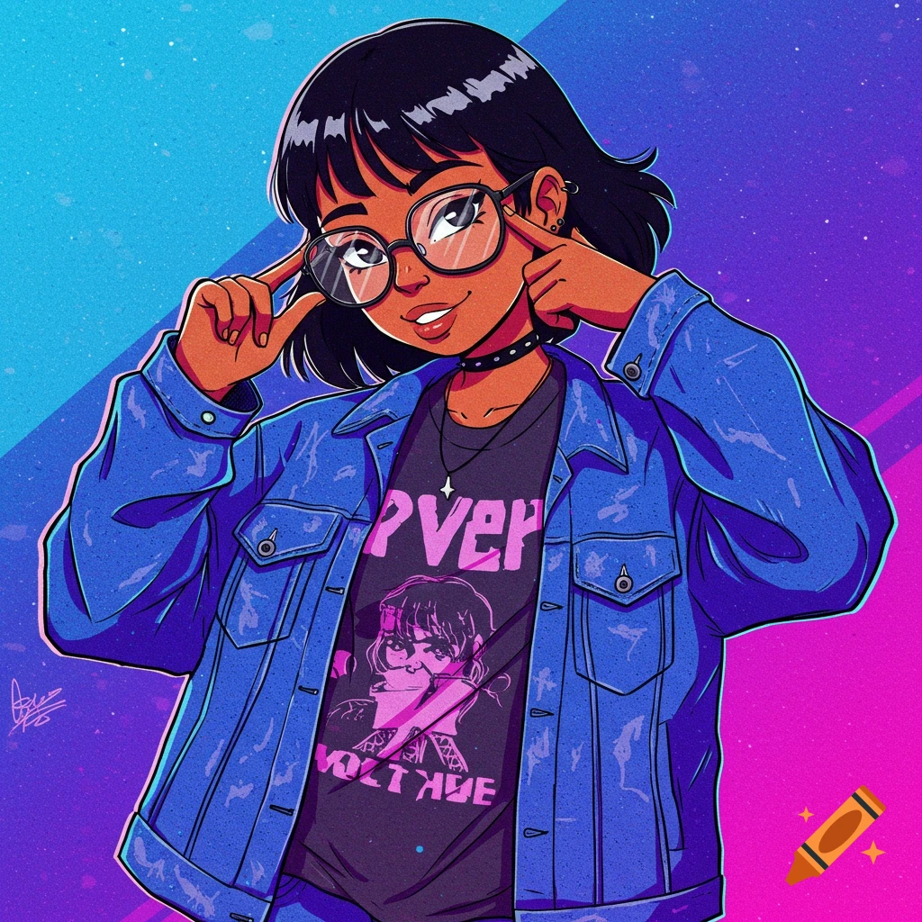 Anime portrait of a girl with glasses and a denim jacket against a gradient background.