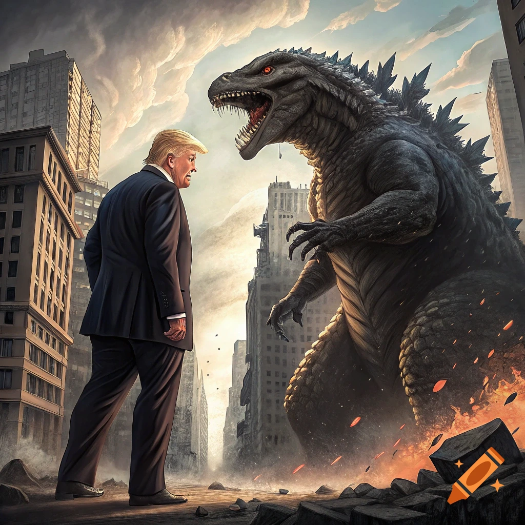 Donald Trump confronts Godzilla in a ruined city.