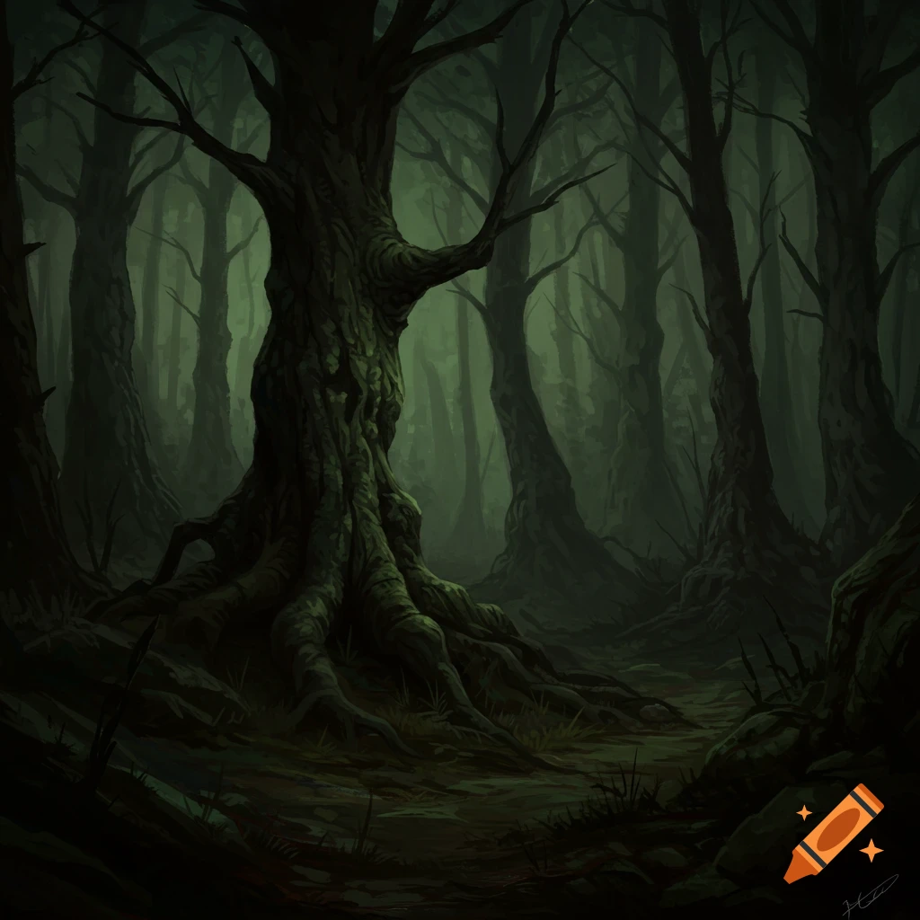 A dark, spooky forest with twisted trees