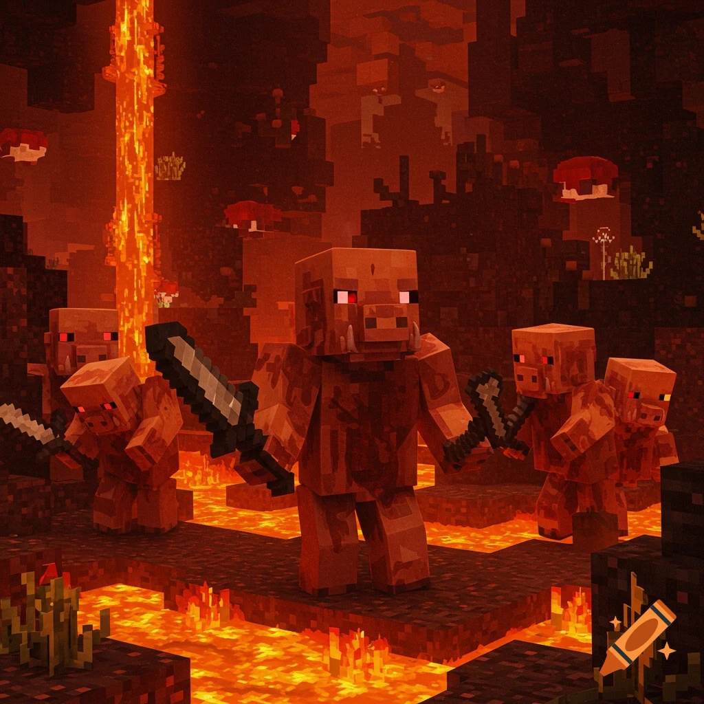 Minecraft Piglins with swords in the Nether, styled as a deathcore album cover