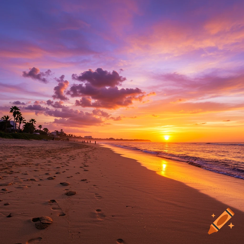 Photorealistic image of a beach at sunset with colorful clouds and footprints in the sand.
