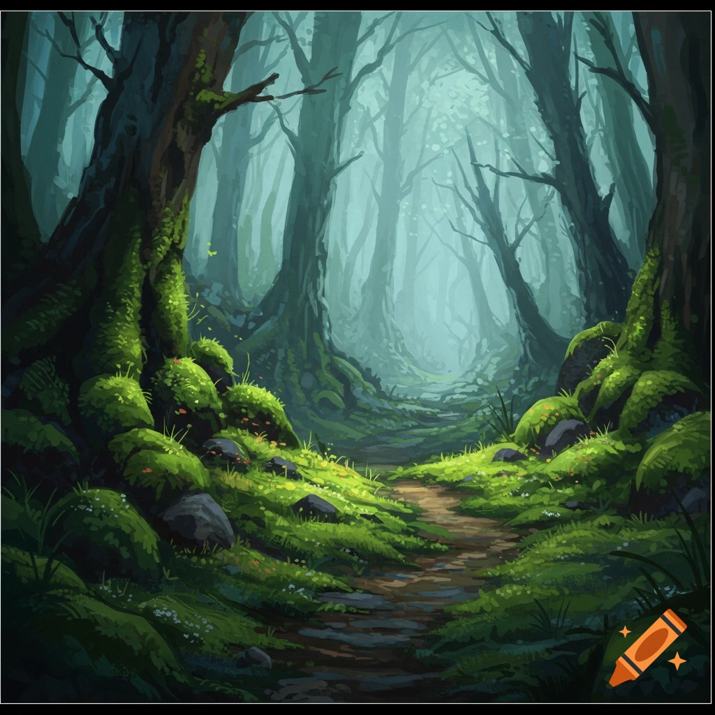 A mystical, mossy forest path winding through tall, damp trees.